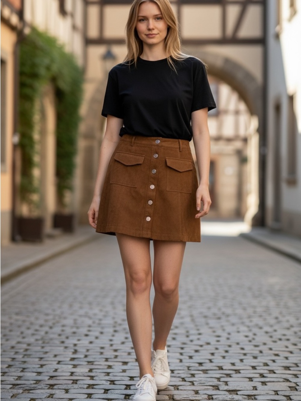 A&F Classic Button-Front Brown Vegan Suede Skirt